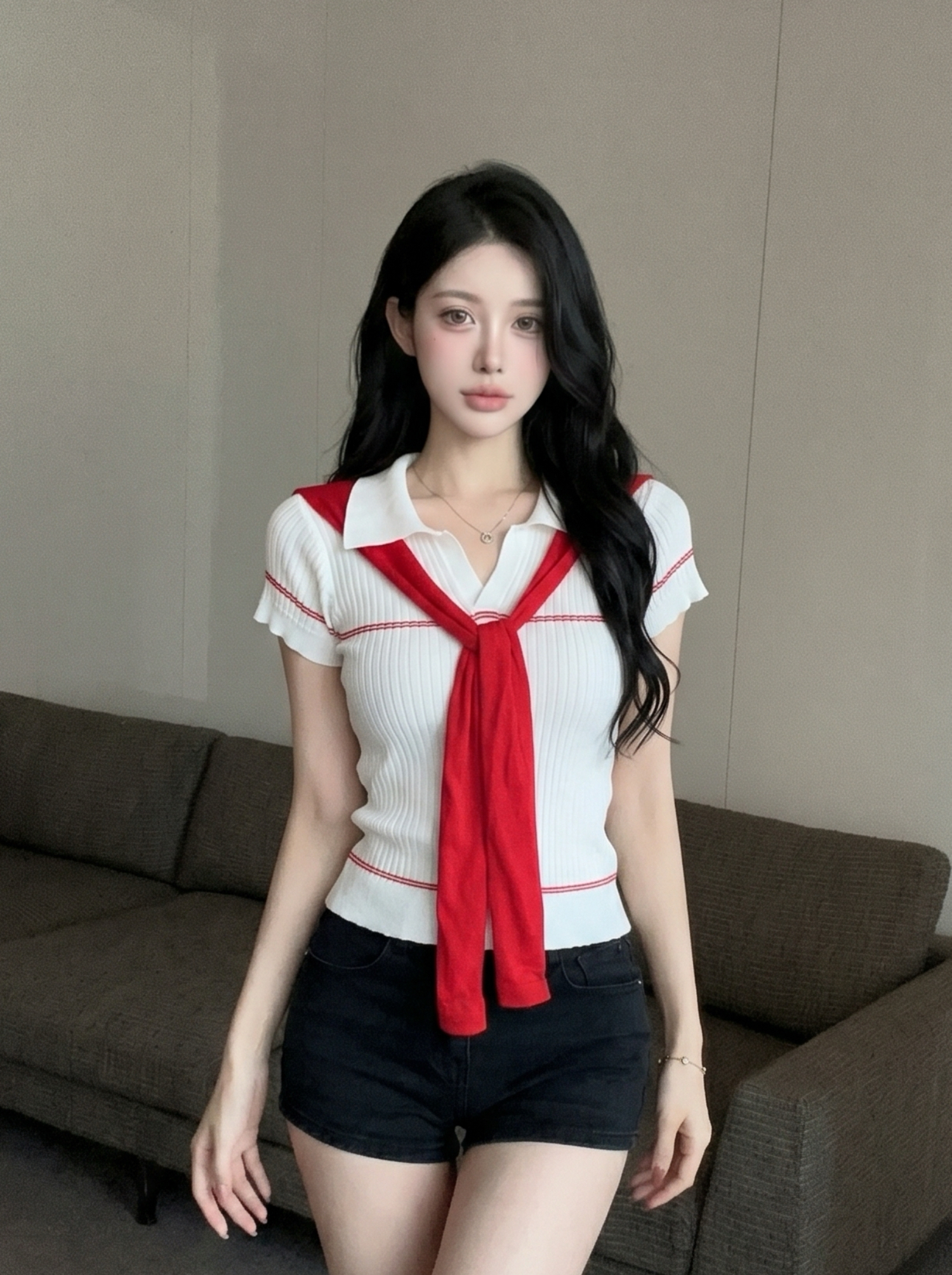 Preppy Color-Block Cape Short-Sleeve T-Shirt for Women Summer Slim-Fit Casual Top - Image 2