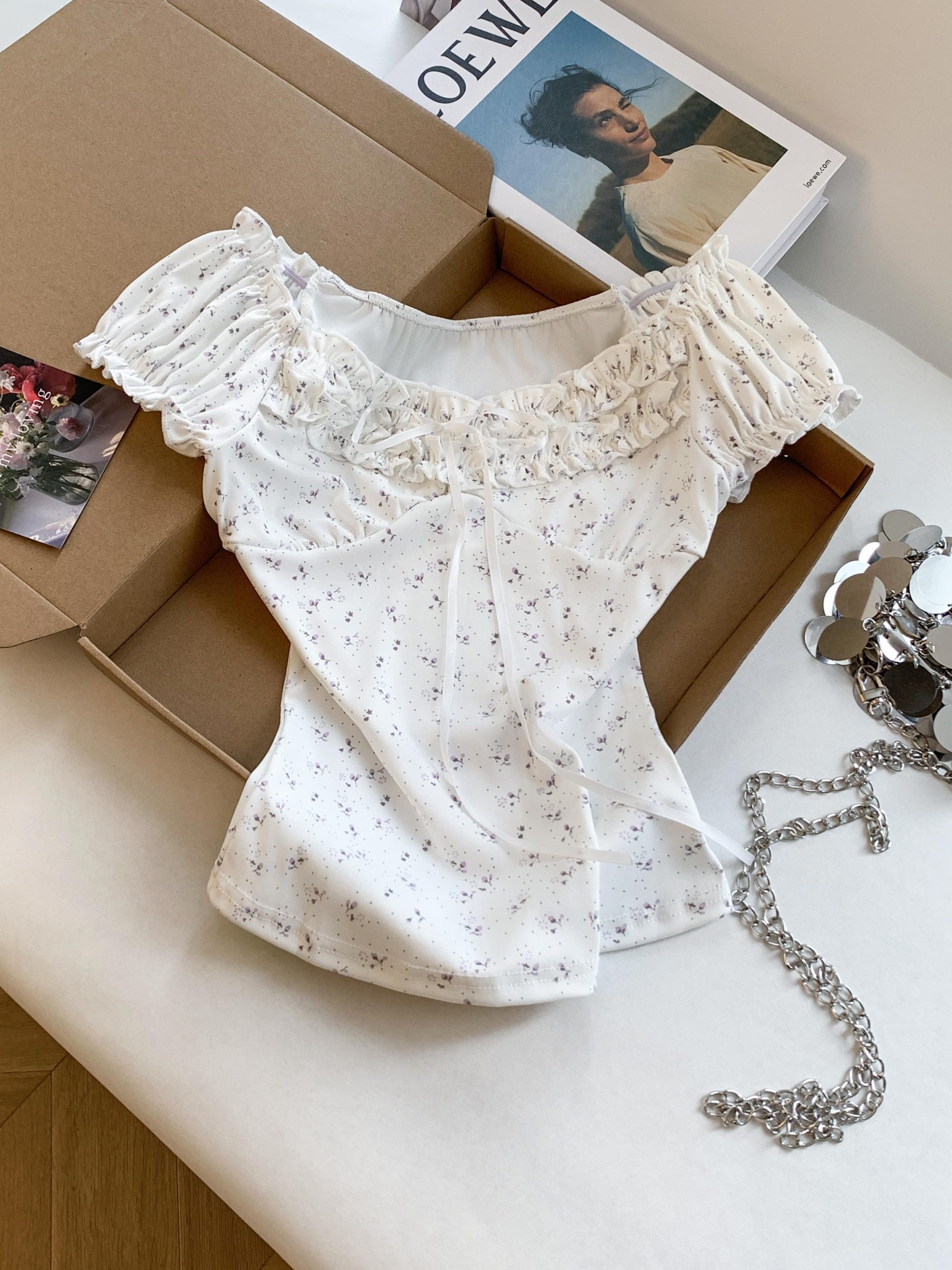 Korean Sweet Off-Shoulder Short Sleeve T-Shirt for Women Summer Floral Ruffle Tie Bubble Sleeve Casual Top - Image 2