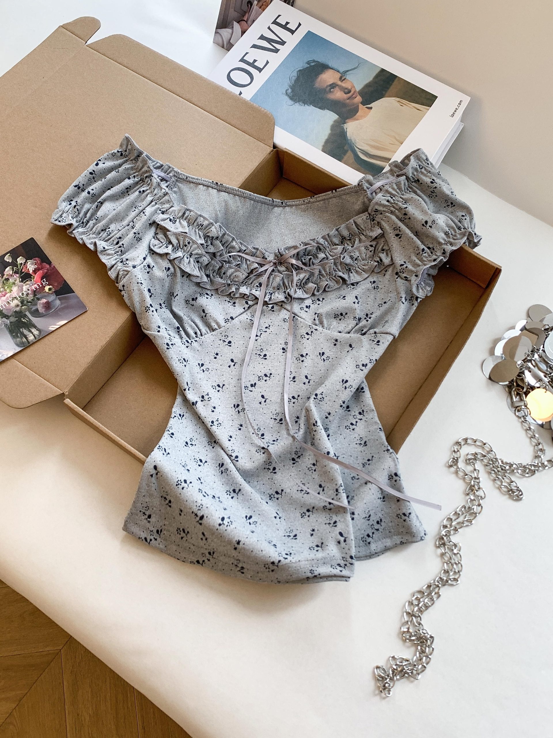 Korean Sweet Off-Shoulder Short Sleeve T-Shirt for Women Summer Floral Ruffle Tie Bubble Sleeve Casual Top - Image 3
