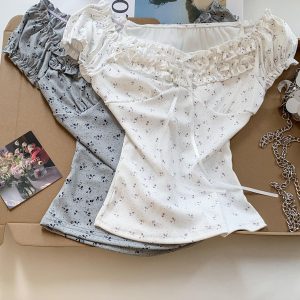 Korean Sweet Off-Shoulder Short Sleeve T-Shirt for Women Summer Floral Ruffle Tie Bubble Sleeve Casual Top