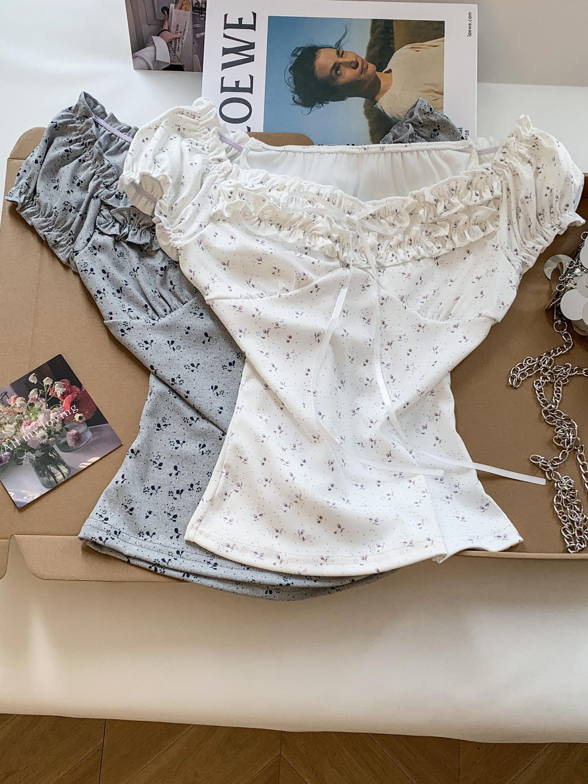 Korean Sweet Off-Shoulder Short Sleeve T-Shirt for Women Summer Floral Ruffle Tie Bubble Sleeve Casual Top