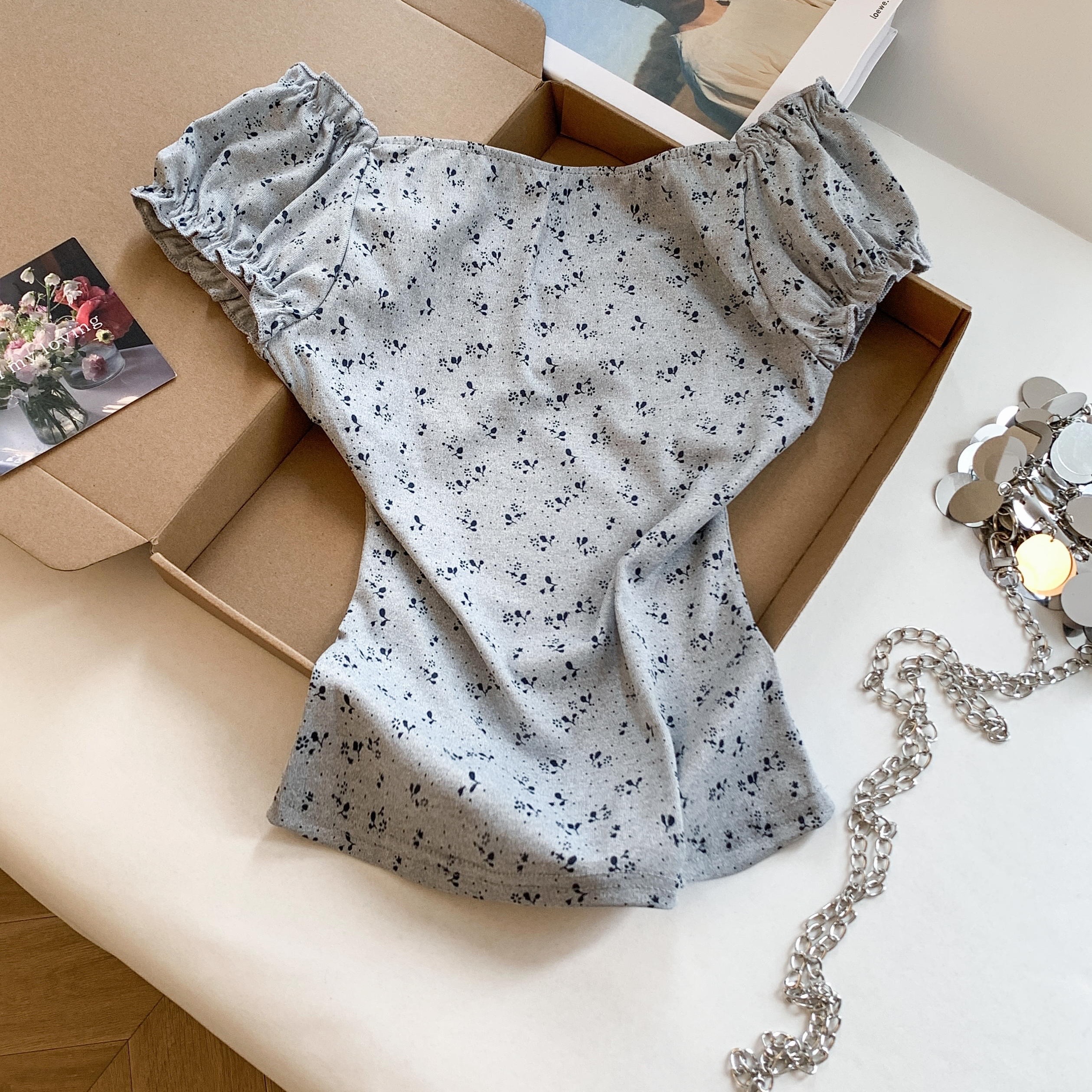 Korean Sweet Off-Shoulder Short Sleeve T-Shirt for Women Summer Floral Ruffle Tie Bubble Sleeve Casual Top - Image 5