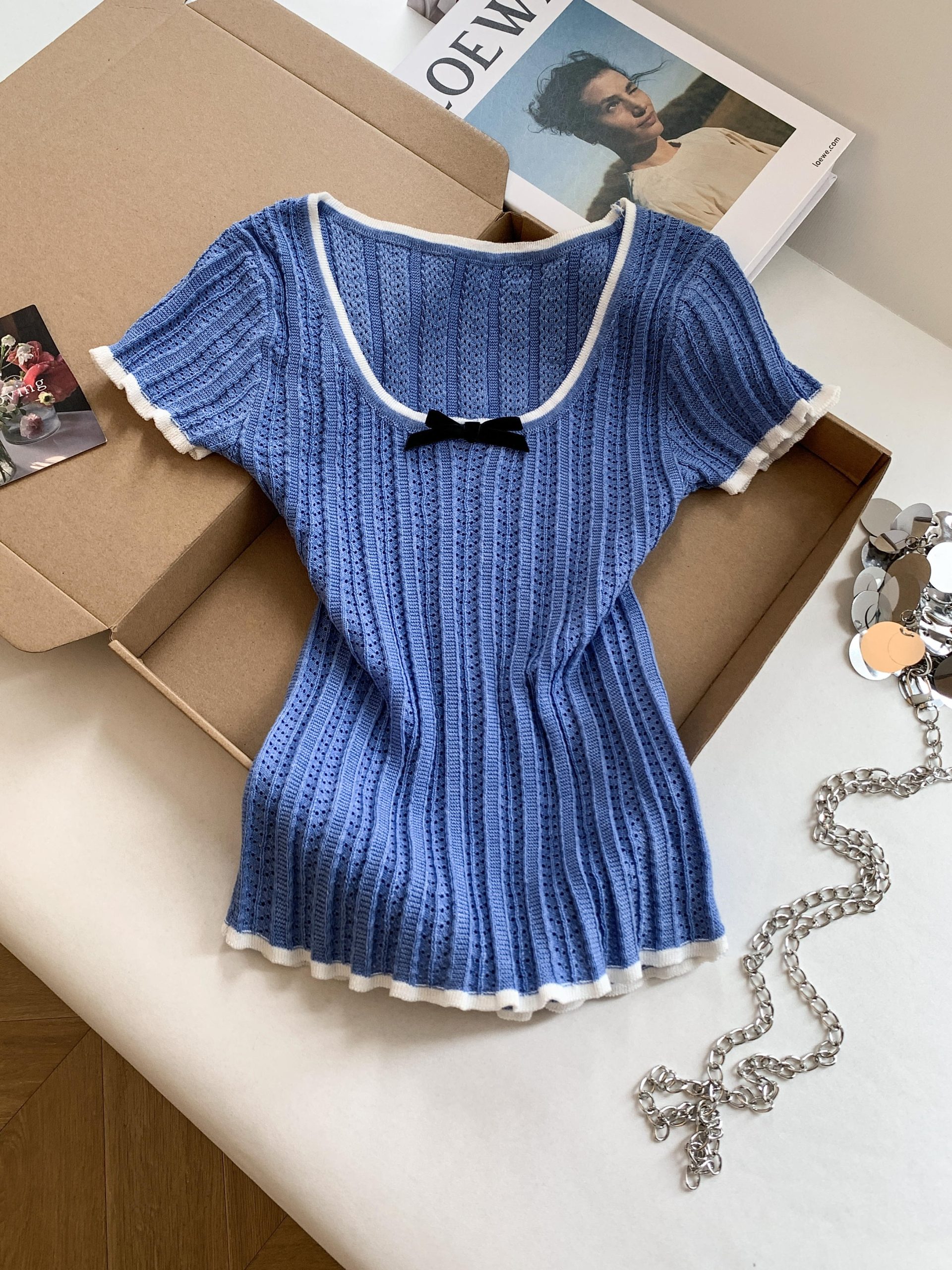 Women's Slim Fit Knit Short Sleeve T-Shirt with Color Block Bow Cutout - Image 2