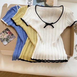 Women's Slim Fit Knit Short Sleeve T-Shirt with Color Block Bow Cutout