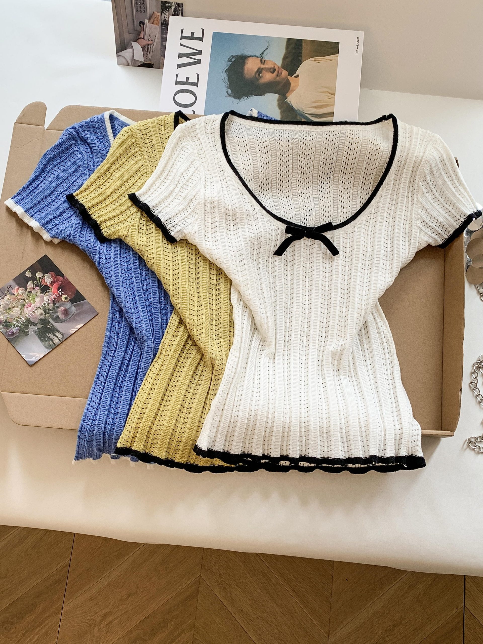 Women's Slim Fit Knit Short Sleeve T-Shirt with Color Block Bow Cutout