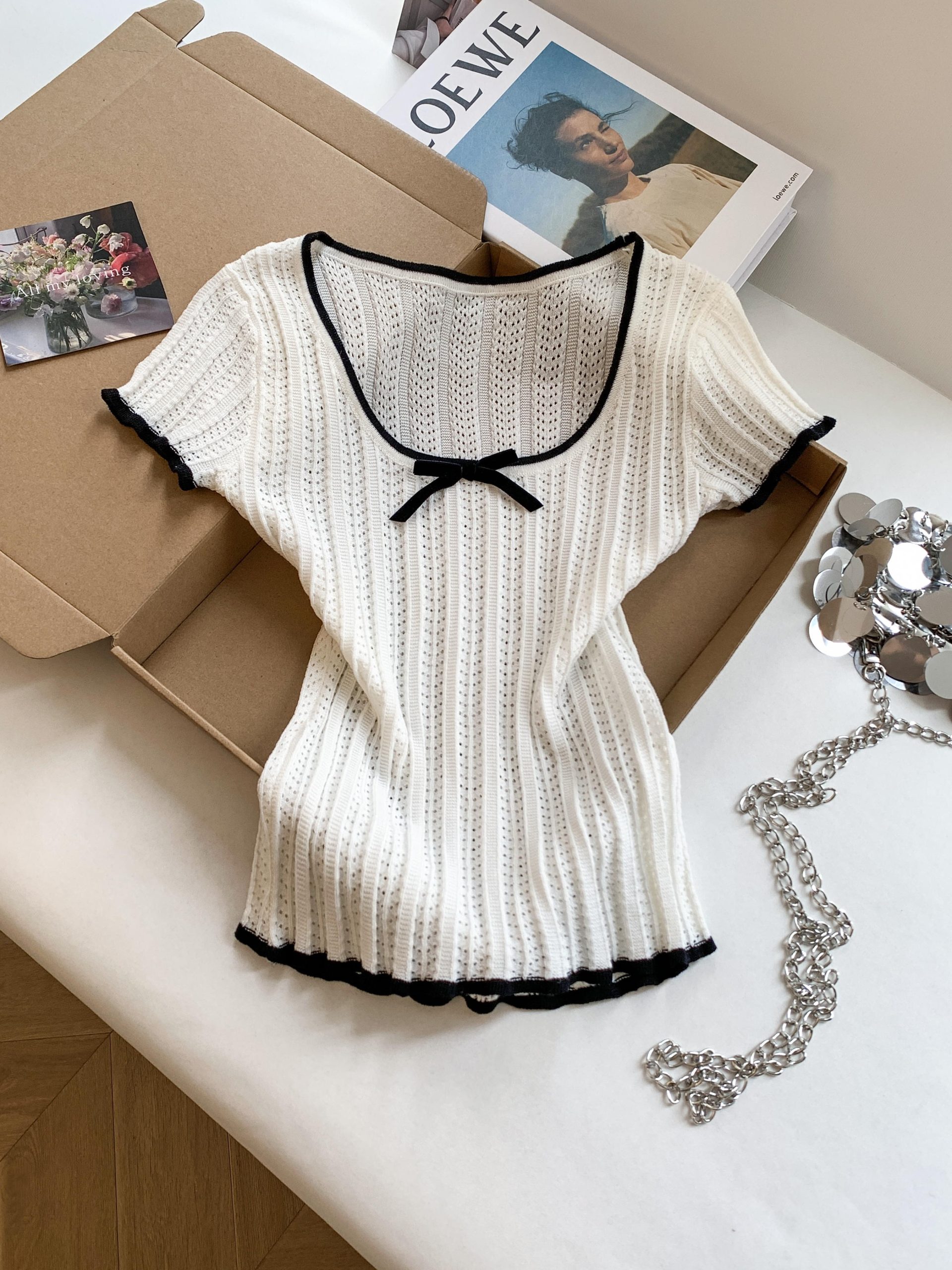 Women's Slim Fit Knit Short Sleeve T-Shirt with Color Block Bow Cutout - Image 3