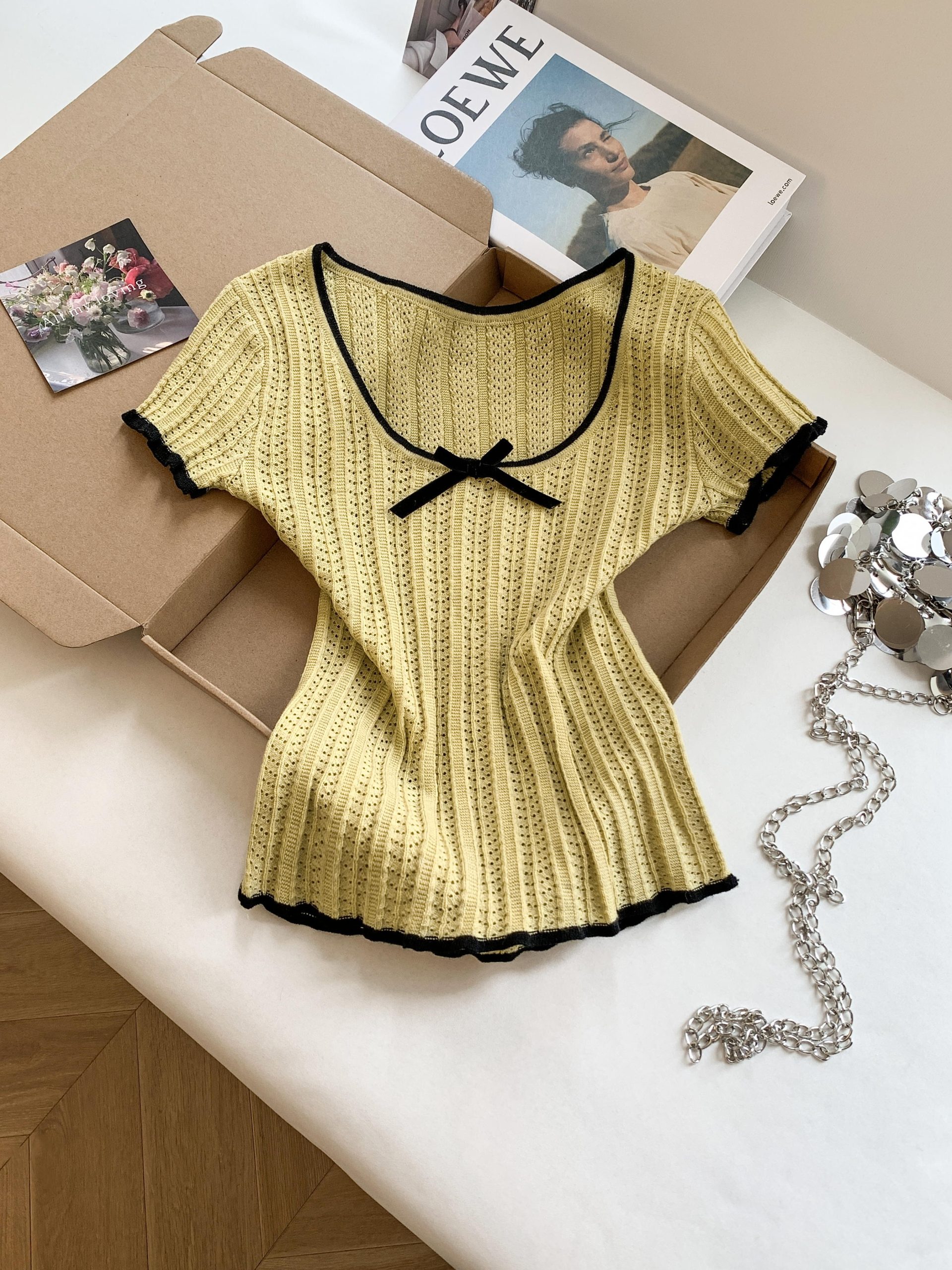 Women's Slim Fit Knit Short Sleeve T-Shirt with Color Block Bow Cutout - Image 4