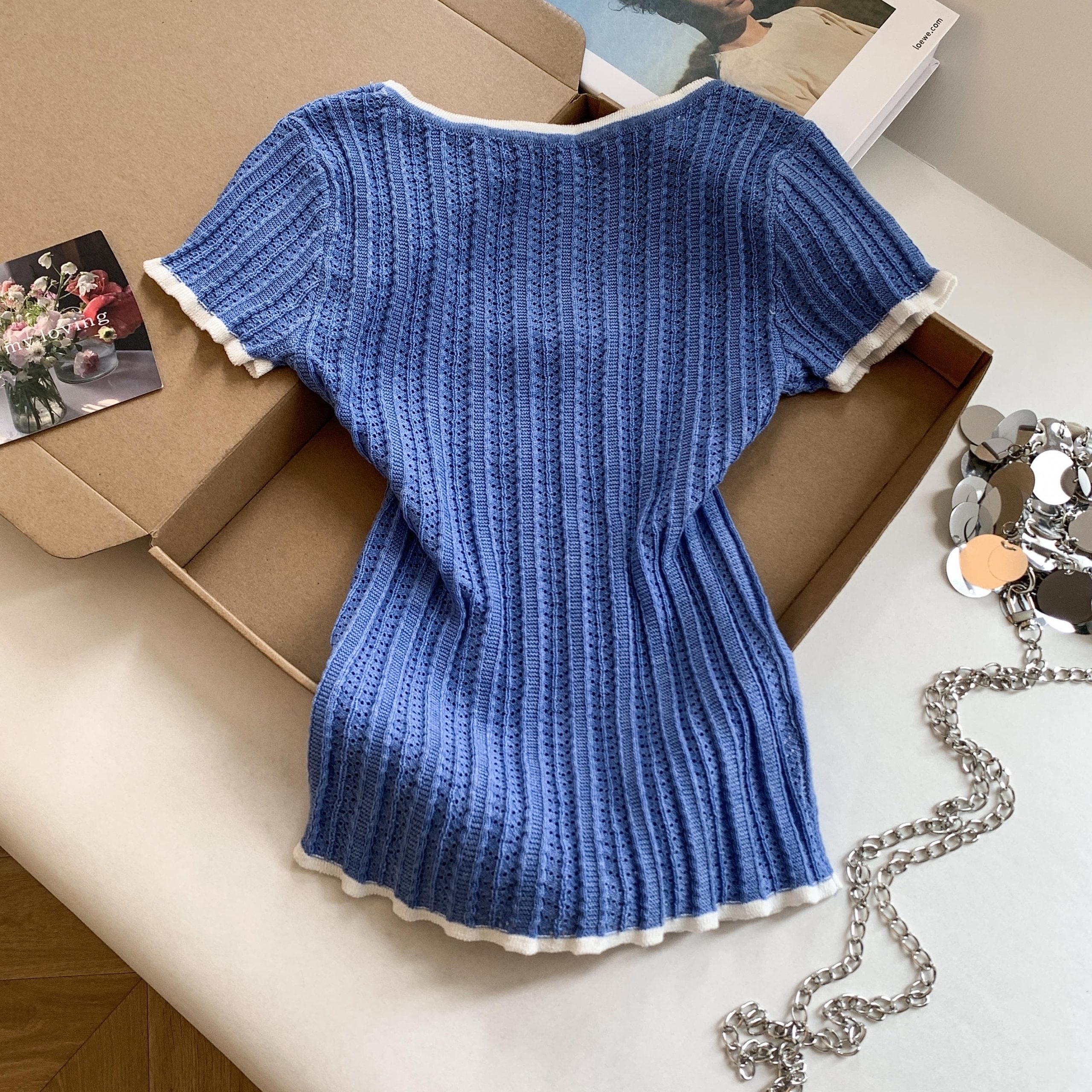 Women's Slim Fit Knit Short Sleeve T-Shirt with Color Block Bow Cutout - Image 5