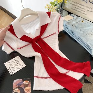 Women's Summer Slim Fit Short Sleeve Polo Shirt with Cape Knit Top