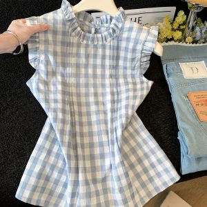 Women's Summer Plaid Stand Collar Sleeveless Top Blue