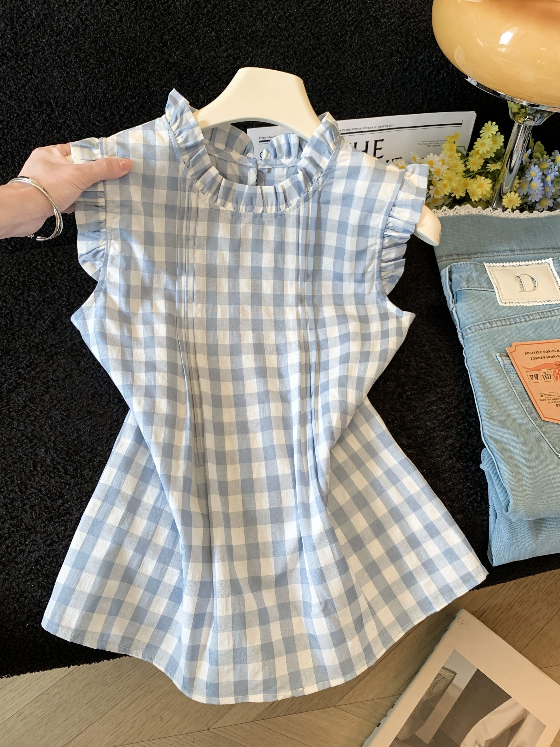 Women's Summer Plaid Stand Collar Sleeveless Top Blue