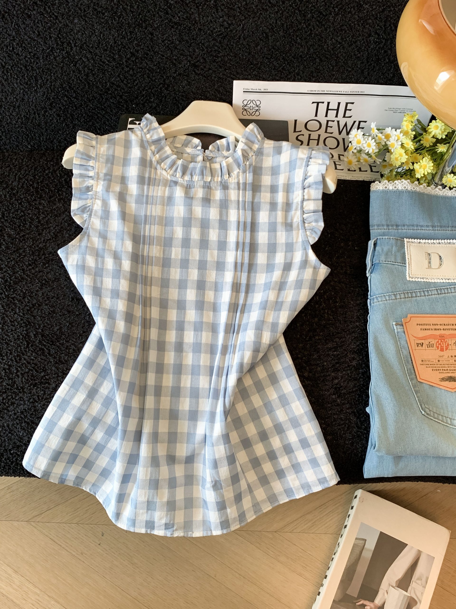 Women's Summer Plaid Stand Collar Sleeveless Top Blue - Image 2