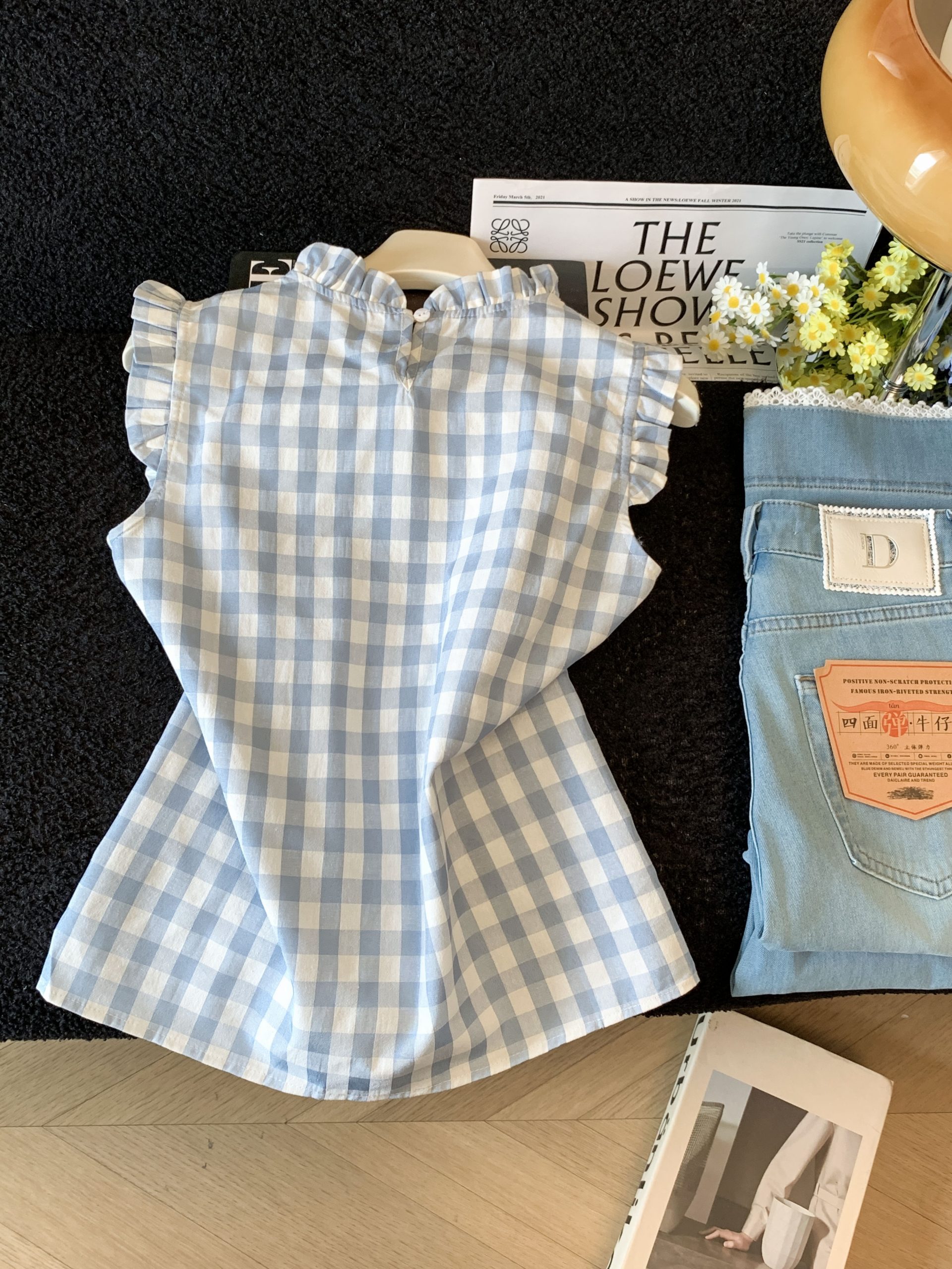 Women's Summer Plaid Stand Collar Sleeveless Top Blue - Image 3