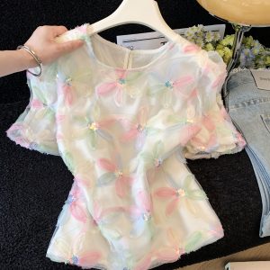 French Style Organza Lantern Sleeve Round Neck Chiffon Top with Sequins for Women 2026 Summer New