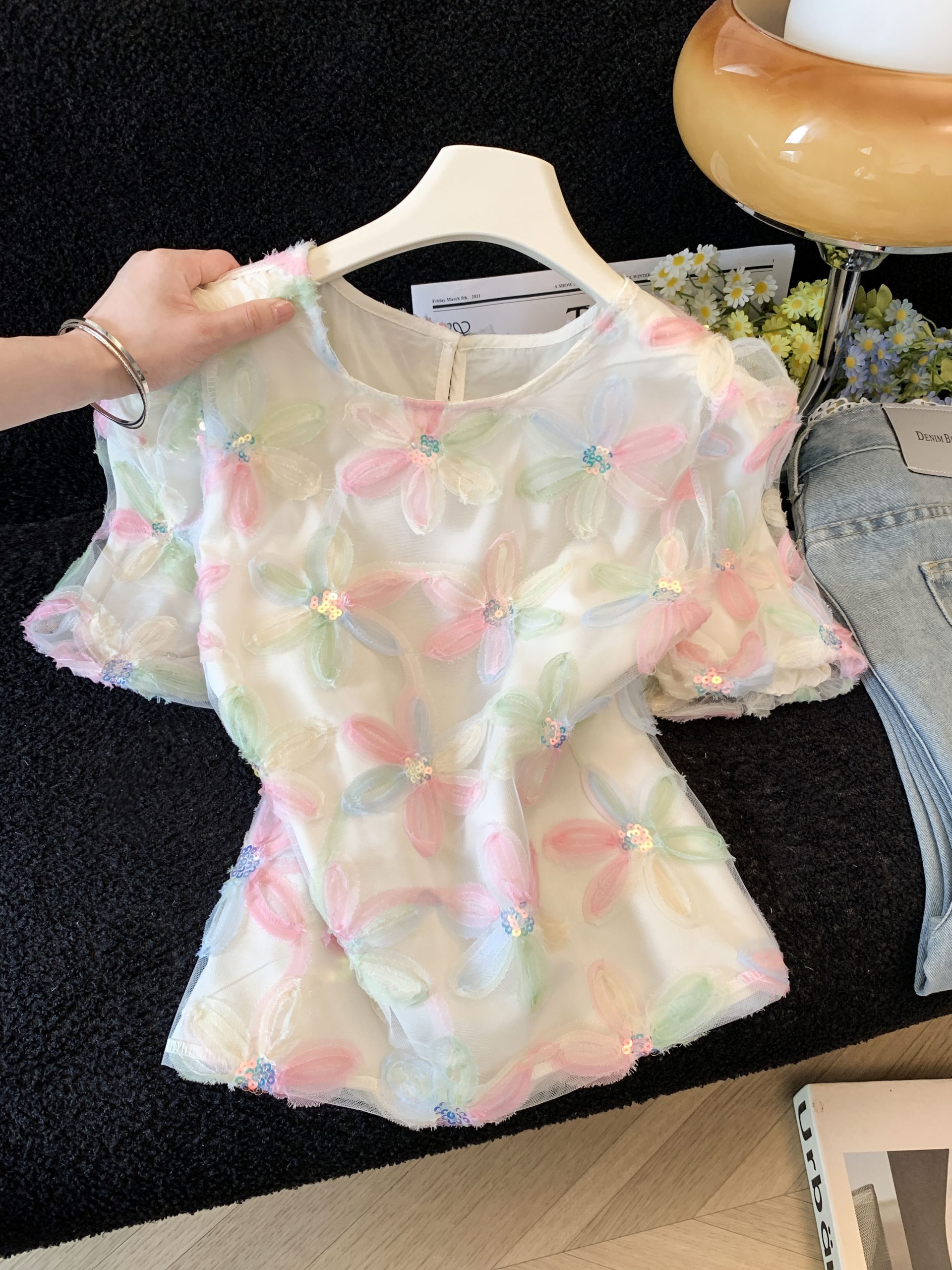 French Style Organza Lantern Sleeve Round Neck Chiffon Top with Sequins for Women 2026 Summer New