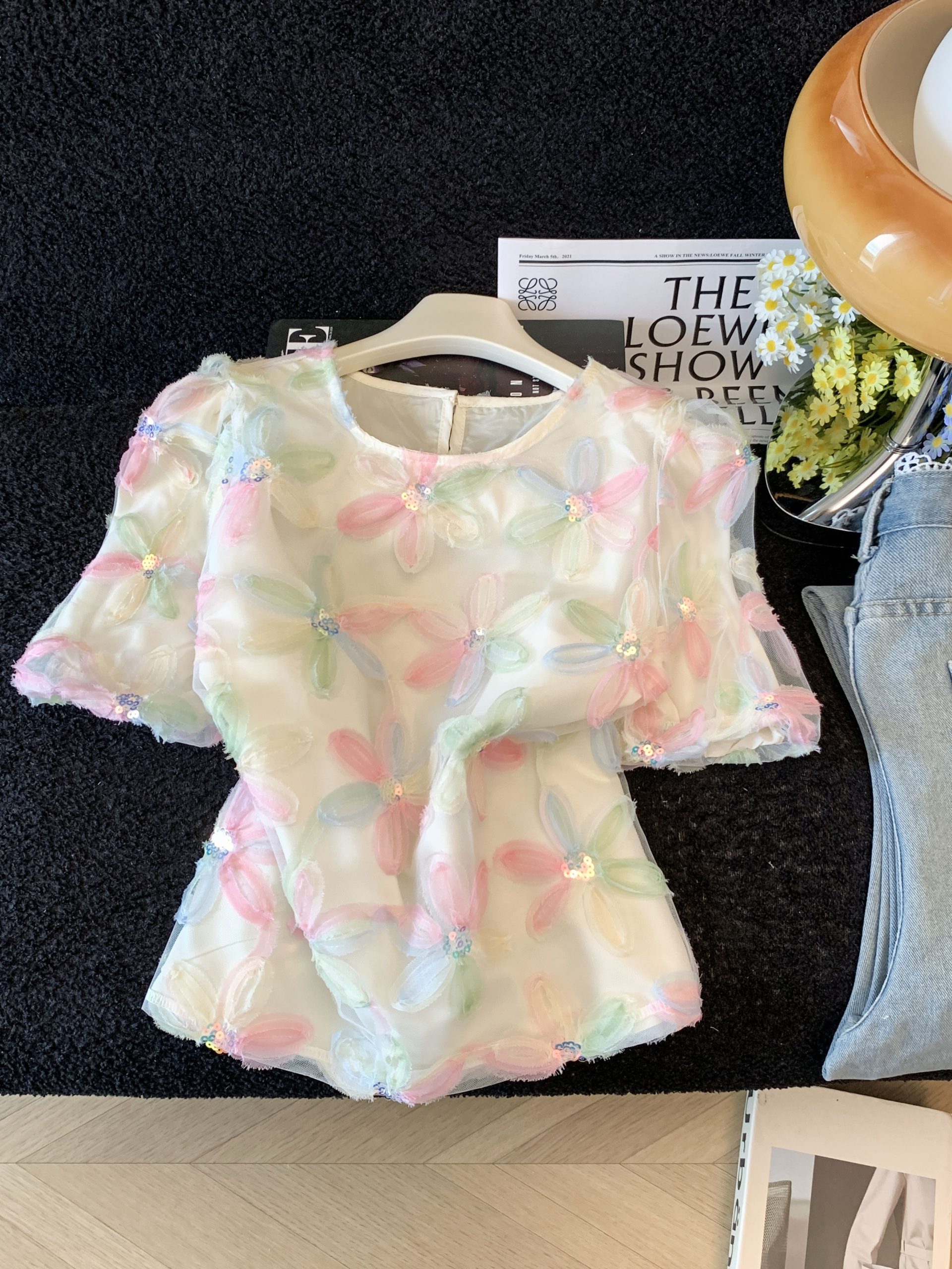 French Style Organza Lantern Sleeve Round Neck Chiffon Top with Sequins for Women 2026 Summer New - Image 2