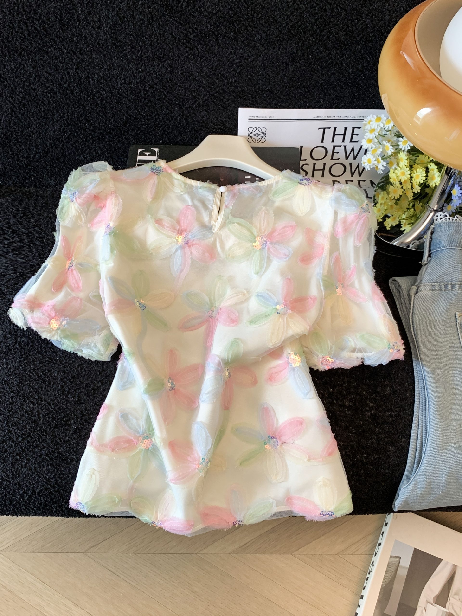 French Style Organza Lantern Sleeve Round Neck Chiffon Top with Sequins for Women 2026 Summer New - Image 3