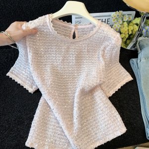 Korean Lace Ruffle Short Sleeve Knit Cardigan Women Summer Loose Slimming T-Shirt Top - Style 6dcc56