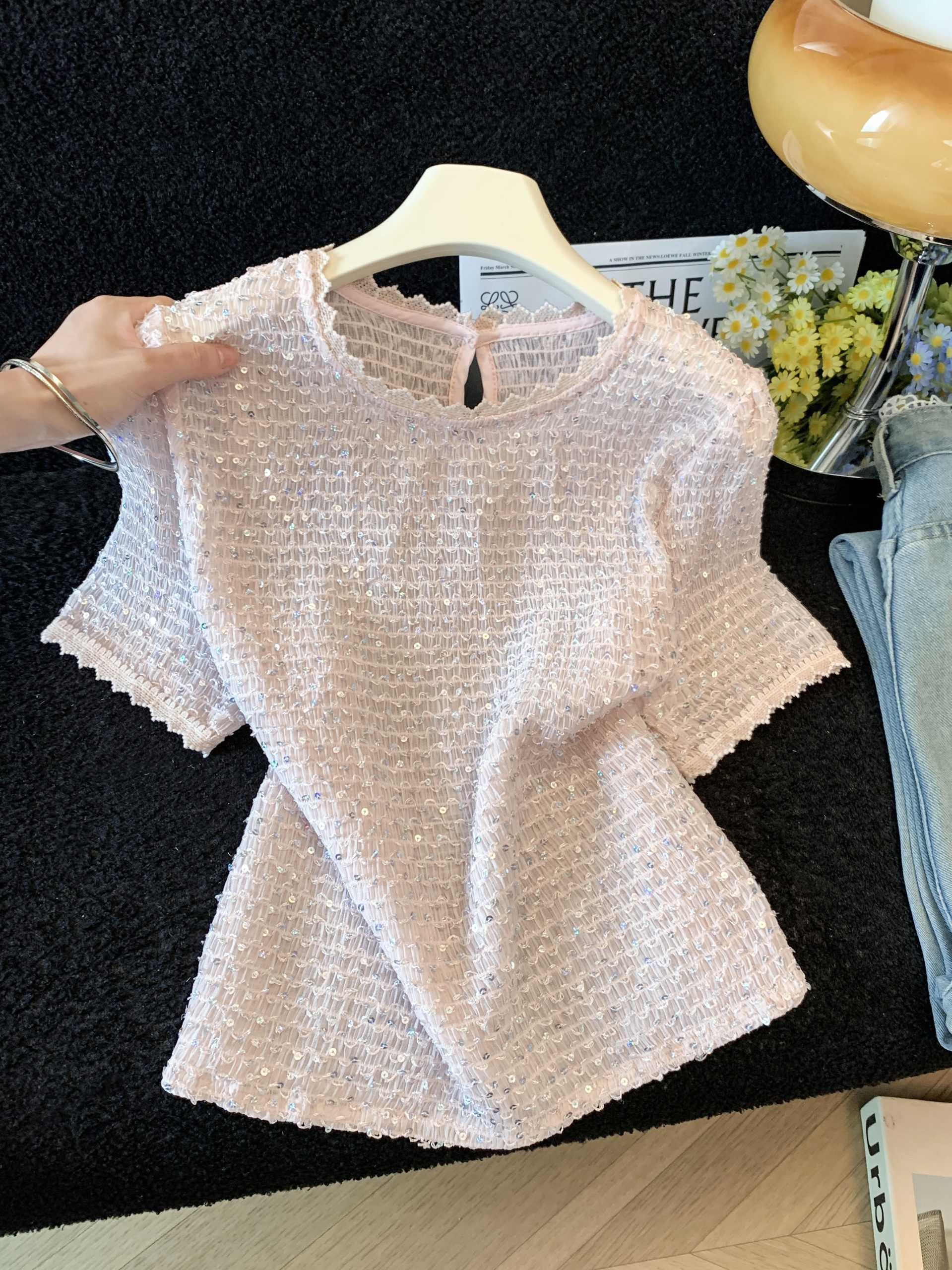 Korean Lace Ruffle Short Sleeve Knit Cardigan Women Summer Loose Slimming T-Shirt Top - Style 6dcc56