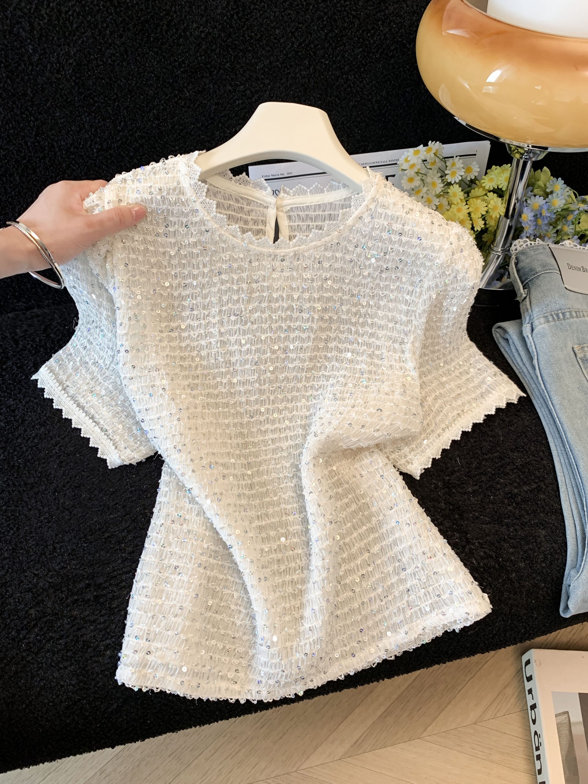 Korean Lace Ruffle Short Sleeve Knit Cardigan Women Summer Loose Slimming T-Shirt Top - Style 6dcc56 - Image 3