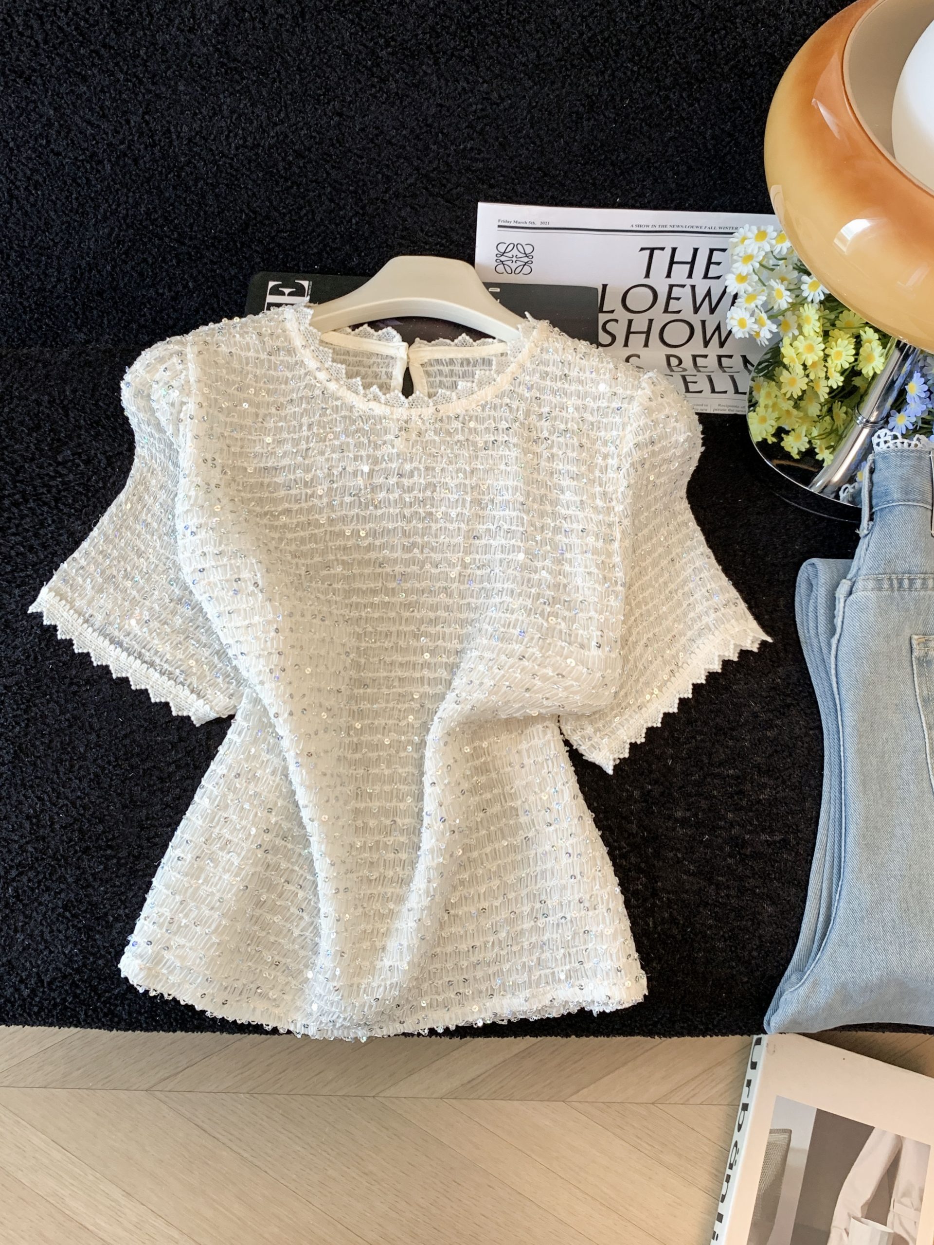 Korean Lace Ruffle Short Sleeve Knit Cardigan Women Summer Loose Slimming T-Shirt Top - Style 6dcc56 - Image 4