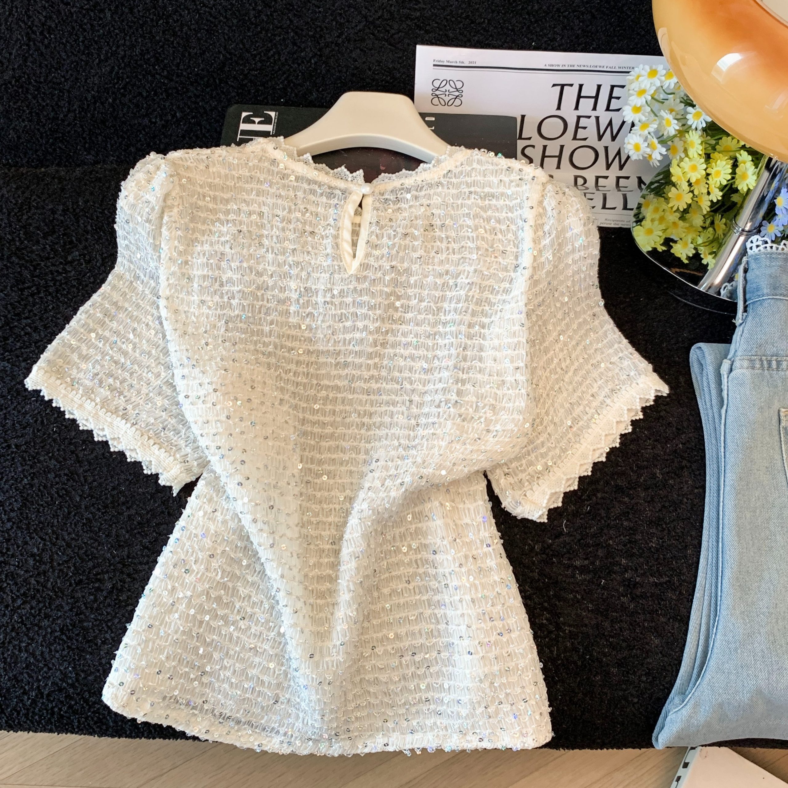 Korean Lace Ruffle Short Sleeve Knit Cardigan Women Summer Loose Slimming T-Shirt Top - Style 6dcc56 - Image 5