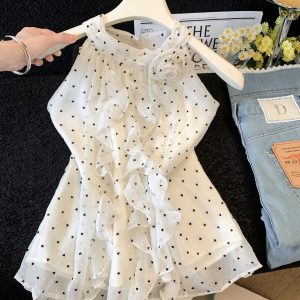 Korean Style Gentle Polka Dot Chiffon Top Women Summer Halter Off-Shoulder Short Sleeve Blouse Loose Slimming