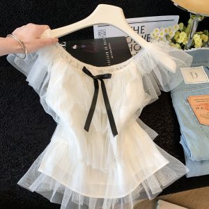 French Color-Block Bow Layered Mesh Flutter-Sleeve Women's Summer 2026 Sweet Age-Reducing Loose Slimming Top