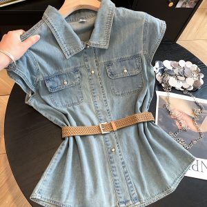 Hong Kong Style Mid-Length Denim Shirt Women Summer Vest Flutter Sleeve Cardigan Jacket Top