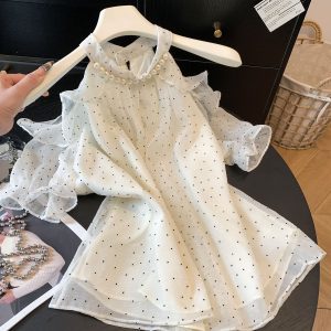 Korean Style Polka Dot Chiffon Top Women Summer Halter Off Shoulder Short Sleeve Blouse Loose Slimming