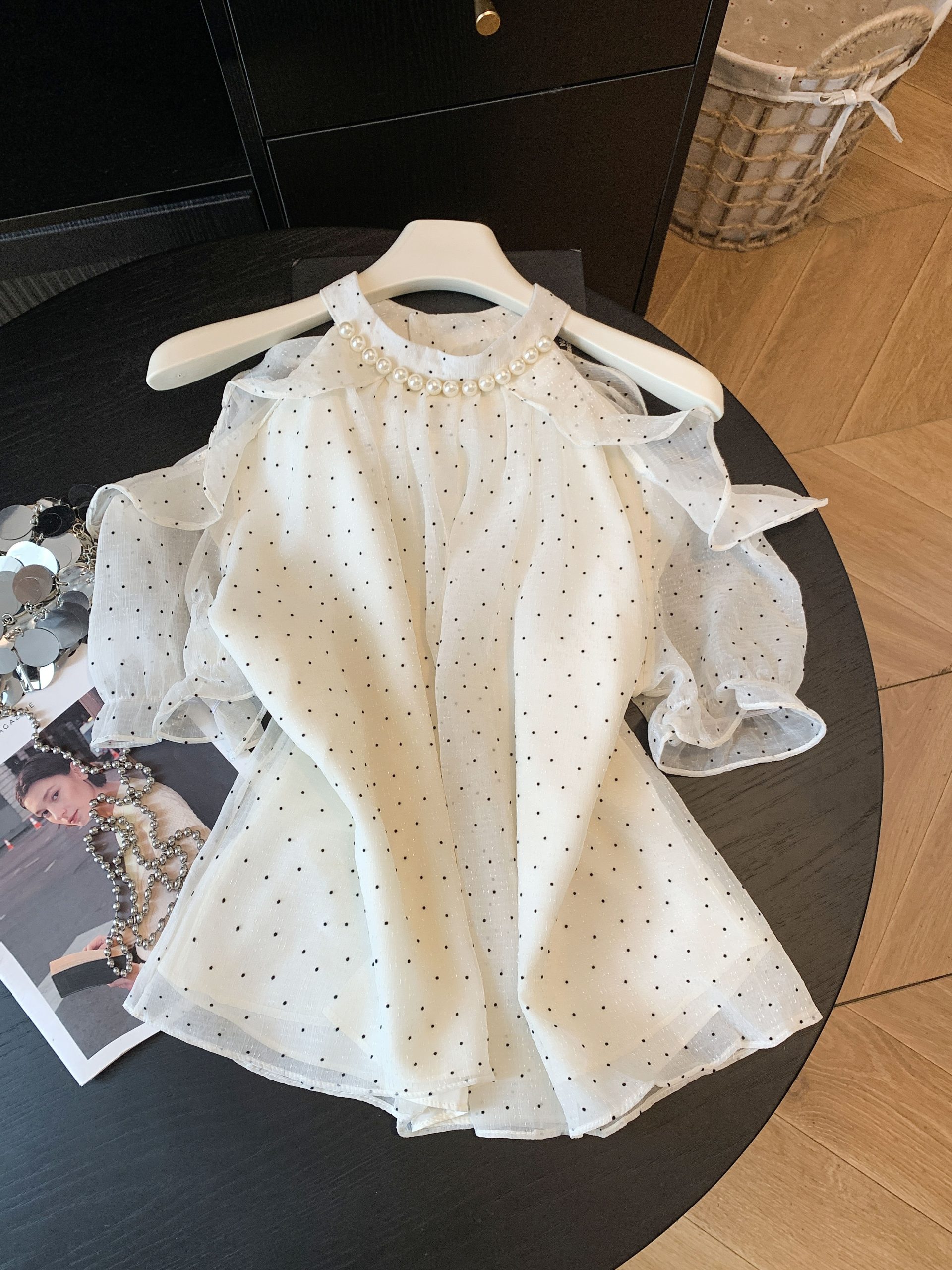 Korean Style Polka Dot Chiffon Top Women Summer Halter Off Shoulder Short Sleeve Blouse Loose Slimming - Image 2