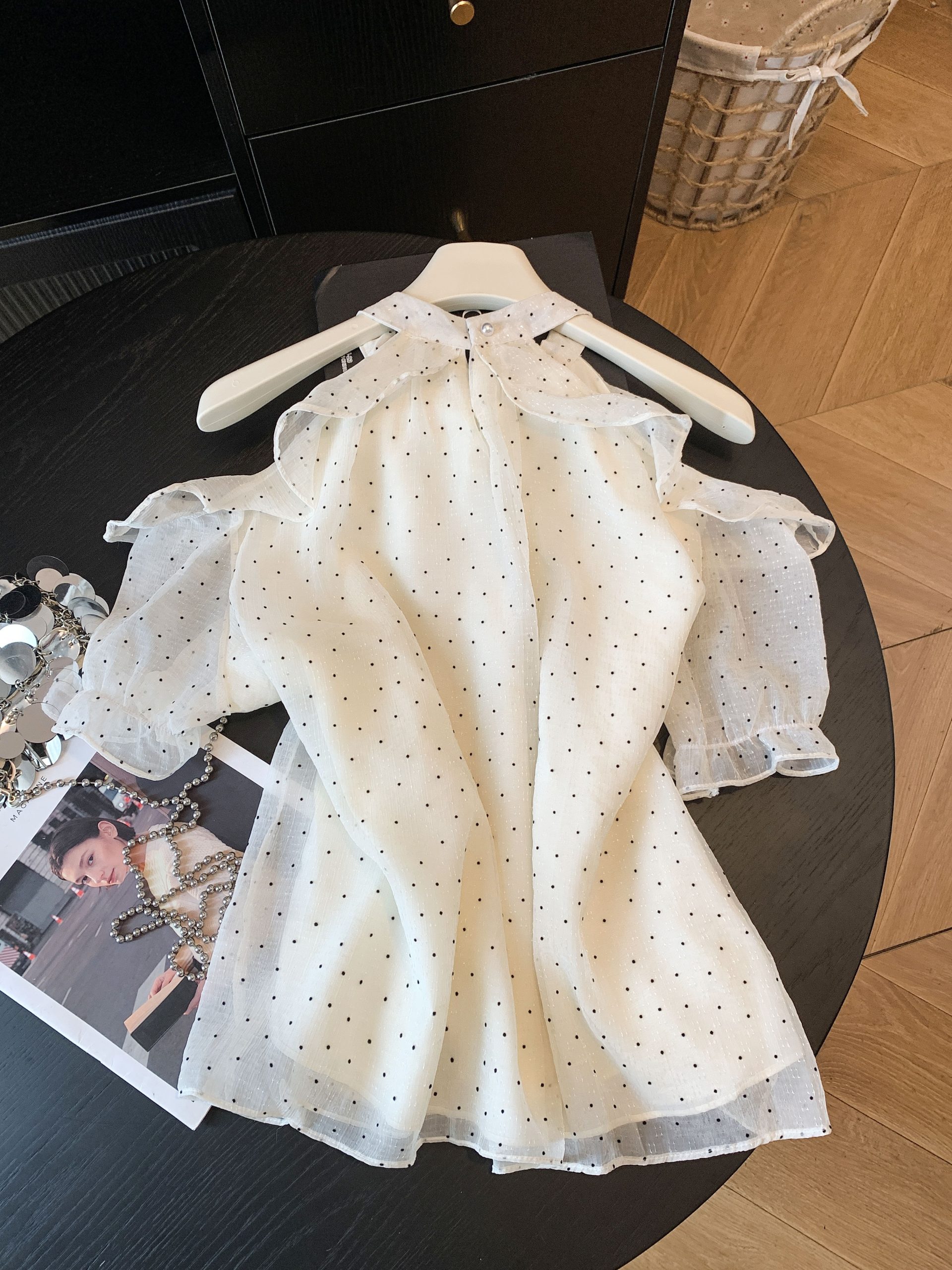 Korean Style Polka Dot Chiffon Top Women Summer Halter Off Shoulder Short Sleeve Blouse Loose Slimming - Image 3