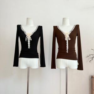 FallinFang Bow Lace-Up Slim Long-Sleeve Women's Fall T-Shirt